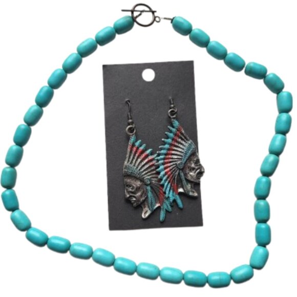 Silver Metal Indian Earrings & Blue Beaded Choker Necklace - 2-Piece Set - Picture 10 of 10